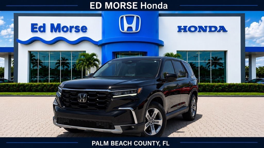 2025 Honda Pilot EX-L in Crystal Black Pearl — front three-quarter view